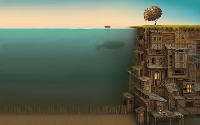 Surreal tree cliff city boat free wallpaper - medium preview image