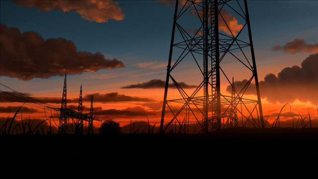Sunset tower powerlines clouds sky free wallpaper - medium preview image