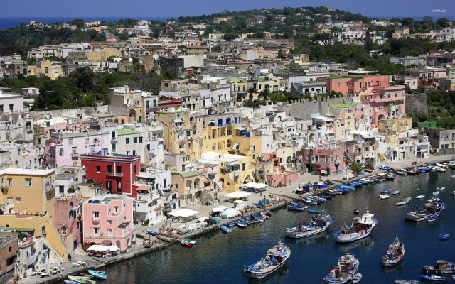 Harbor boats city buildings trees free wallpaper - medium preview image