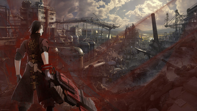 Woman red dress factory smoke free wallpaper - medium preview image