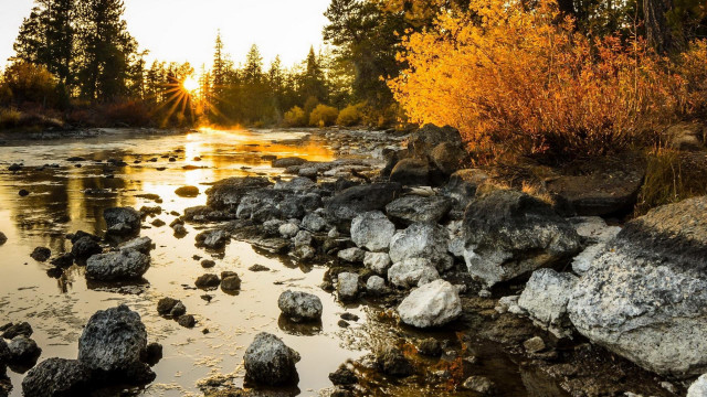 River rocks trees sunset sunrise free wallpaper - medium preview image