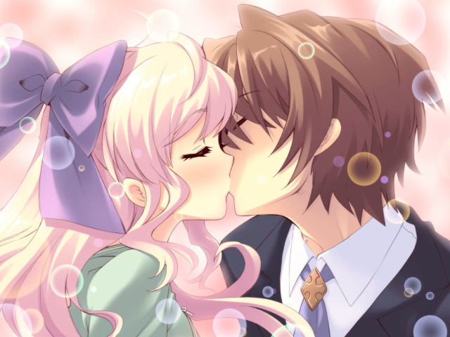 Couple kissing bubbles pink background free wallpaper - medium preview image