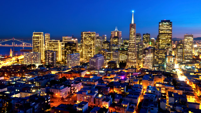 City skyline night bridge blue free wallpaper - medium preview image