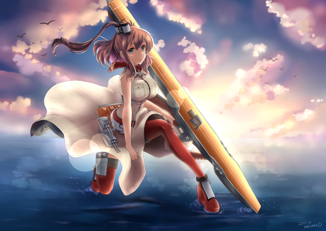 Girl floating pencil water clouds free wallpaper - medium preview image