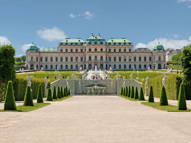 Fountain building trees walkway panorama free wallpaper - medium preview image