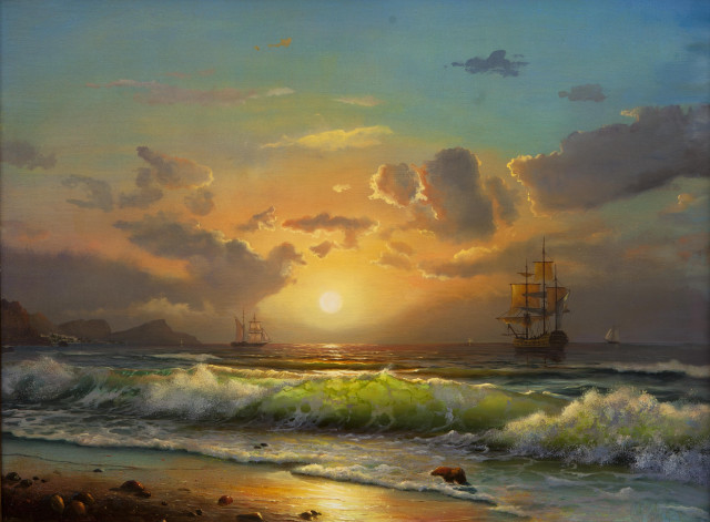 Ship sailing ocean sunset rocky free wallpaper - medium preview image
