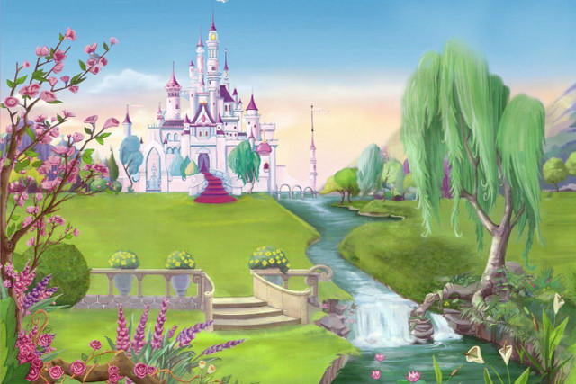 Castle stream trees flowers painting free wallpaper - medium preview image