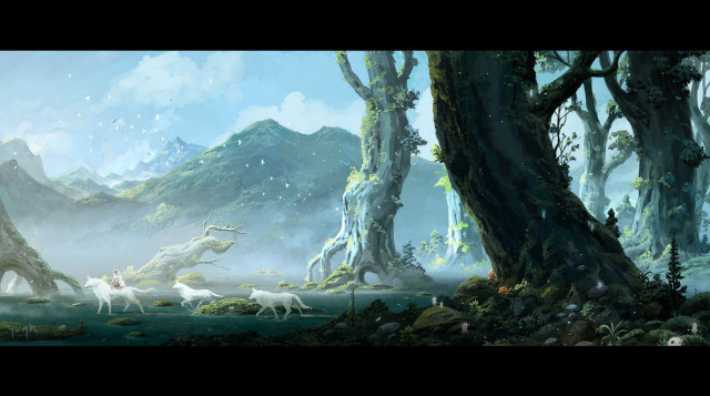 Forest horses mountain mist trees free wallpaper - medium preview image