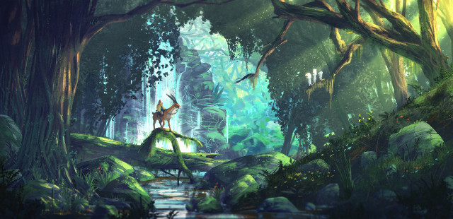 Forest deer log painting nature free wallpaper - medium preview image