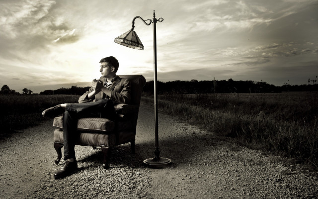 Man chair lamppost dirt road free wallpaper - medium preview image