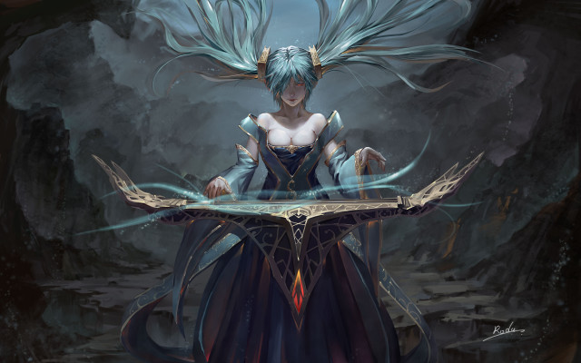 Woman blue hair wings table free wallpaper - medium preview image
