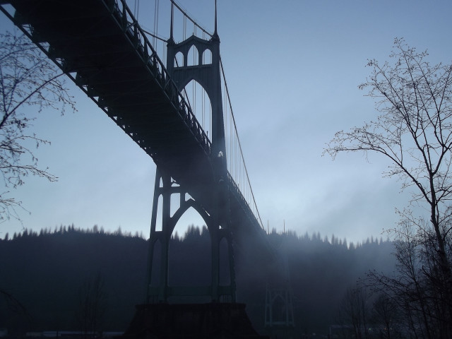 Bridge foggy sky trees background free wallpaper - medium preview image