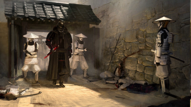 Medieval costumes group doorway stone free wallpaper - medium preview image