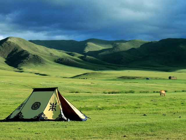 Tent field mountains horse grazing #2 free wallpaper - medium preview image
