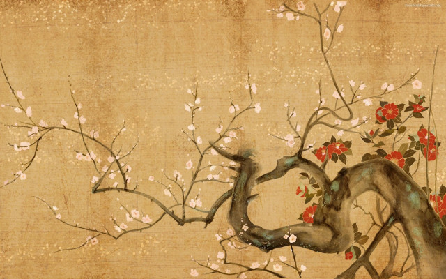 Tree flowers bird branch red #3 free wallpaper - medium preview image
