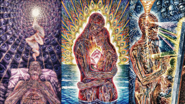 Three paintings woman man middle free wallpaper - medium preview image