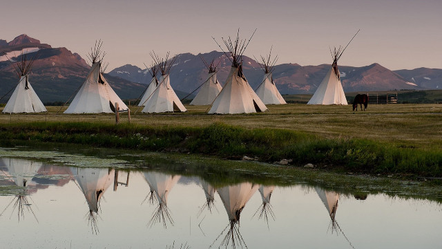 Teepees river field mountains horse free wallpaper - medium preview image