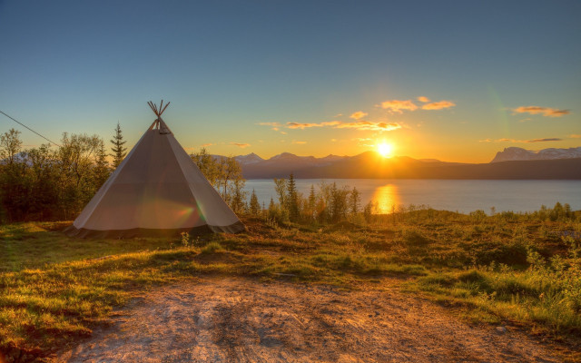 Teepee grass field lake sunset #2 free wallpaper - medium preview image