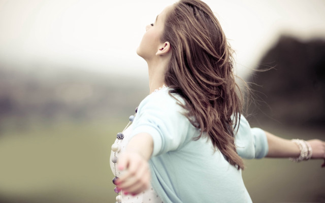 Woman longhair outstretched sky blurry free wallpaper - medium preview image