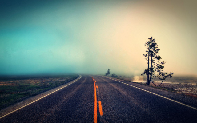 Long road lone tree blue free wallpaper - medium preview image