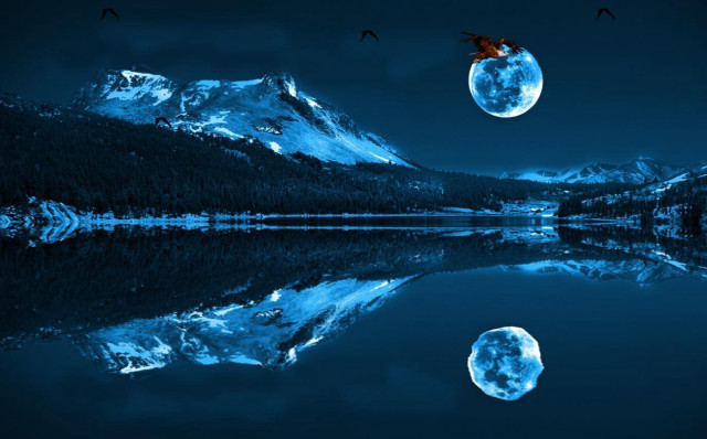 Full moon lake reflection mountains free wallpaper - medium preview image