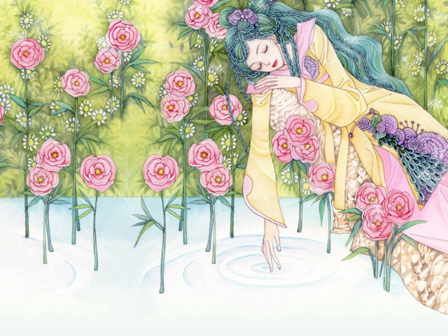 Woman pink dress flowers background free wallpaper - medium preview image