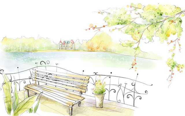 Watercolor bench tree lake house #2 free wallpaper - medium preview image