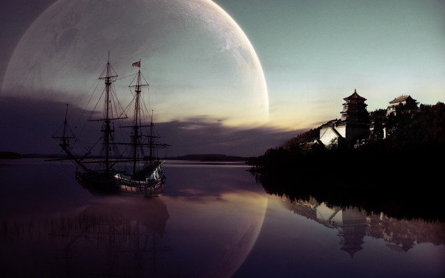 Ship sailing night full moon free wallpaper - medium preview image