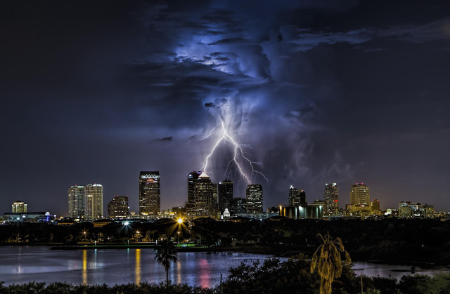 Lightning storm city night reflection free wallpaper - medium preview image