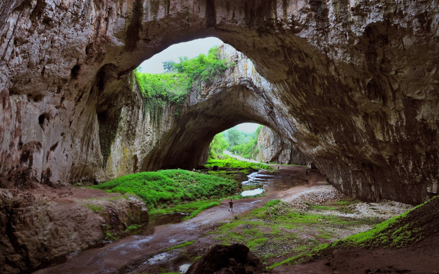 Cave stream walking person distance free wallpaper - medium preview image