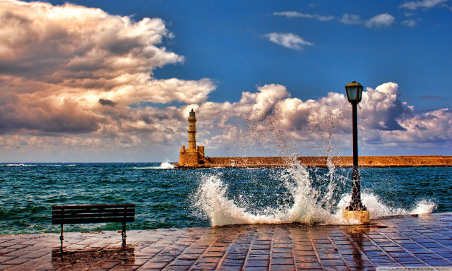 Lighthouse brickwalkway bench water sunset free wallpaper - medium preview image