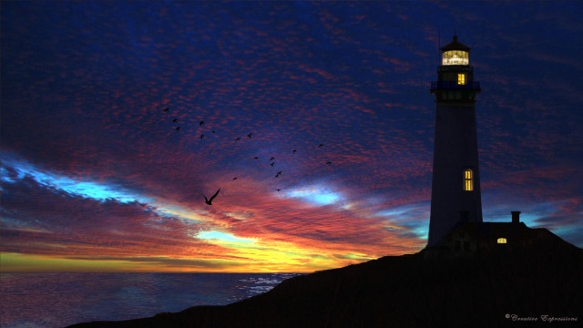 Lighthouse bird flying sunset colorful free wallpaper - medium preview image