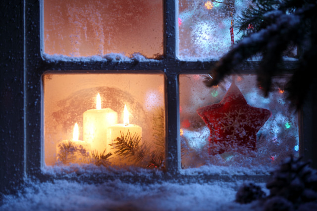 Candle lit window snow christmas free wallpaper - medium preview image