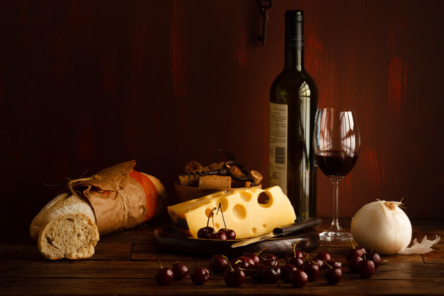 Wine bottle glass cheese grapes free wallpaper - medium preview image