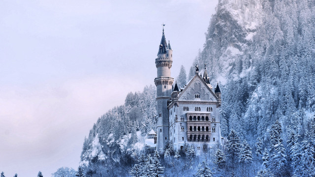 Castle tower trees snow mountains free wallpaper - medium preview image
