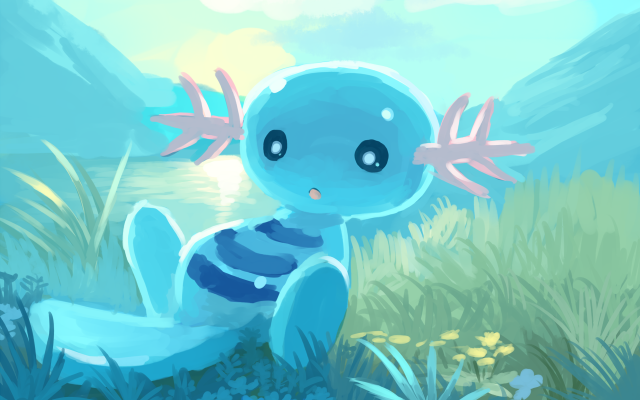 Blue cartoon character grass flowers free wallpaper - medium preview image