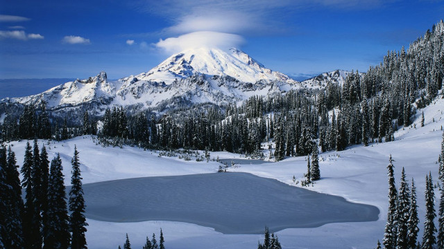 Snow covered mountain lake trees free wallpaper - medium preview image