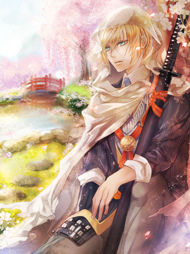 Anime character bench sword flowered free wallpaper - medium preview image