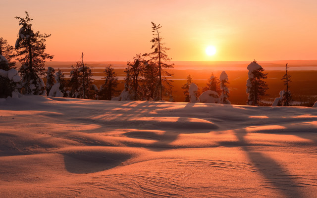 Sunset snowy landscape trees hills free wallpaper - medium preview image