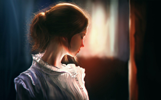 Woman white blouse window sun free wallpaper - medium preview image