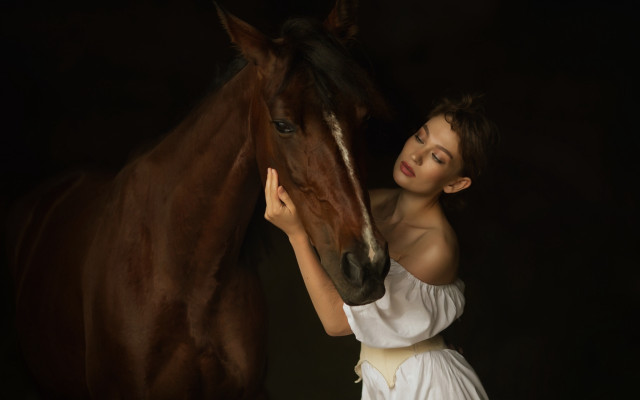 Woman white dress horse dark free wallpaper - medium preview image