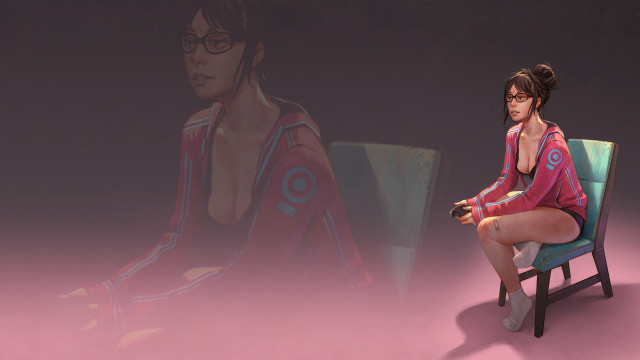 Woman gaming giantess pink background free wallpaper for desktop - medium preview image
