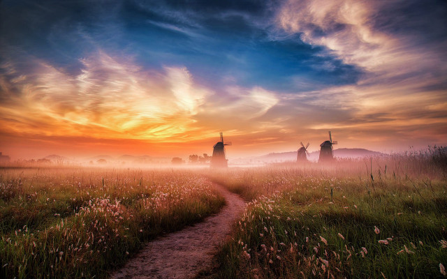 Windmills sunset foggy field trail free wallpaper - medium preview image