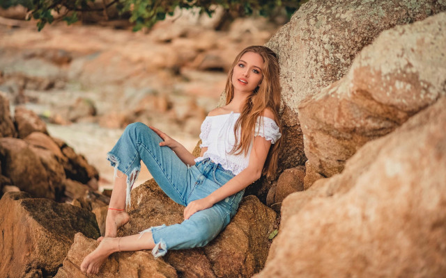 Woman river rock jeans white free wallpaper - medium preview image