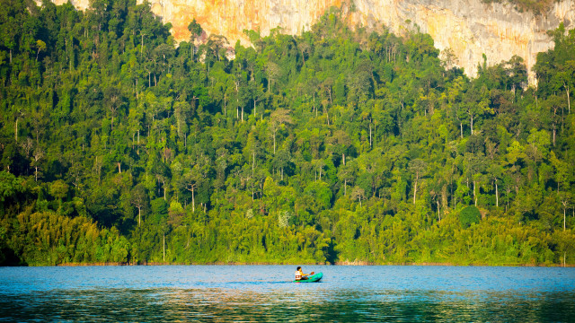 Lake mountain boat trees cliff free wallpaper - medium preview image