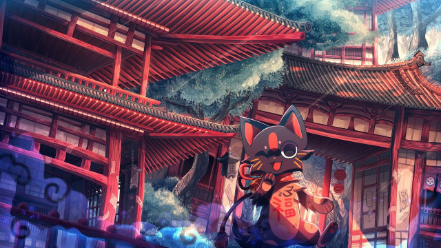 Cat building kyoto fox mask free wallpaper - medium preview image