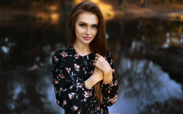 Woman lake tree building portrait free wallpaper - medium preview image