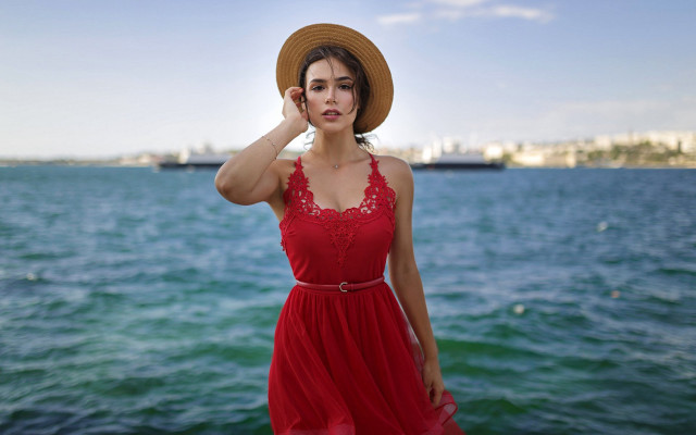 Woman red dress hat pier #3 free wallpaper - medium preview image