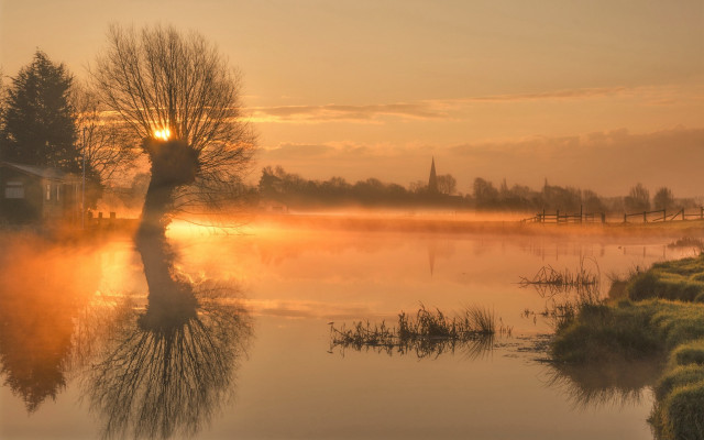 Lake tree sunset house cityscape free wallpaper - medium preview image