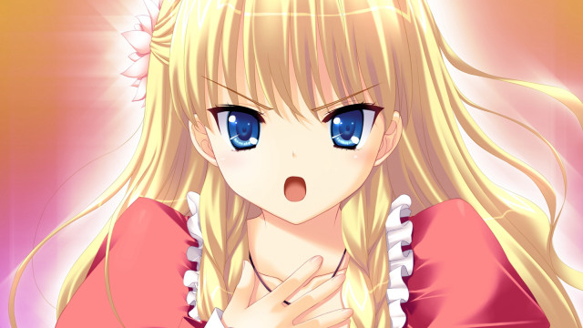 Blonde blueeyes pinkdress surprised hairflower free wallpaper - medium preview image